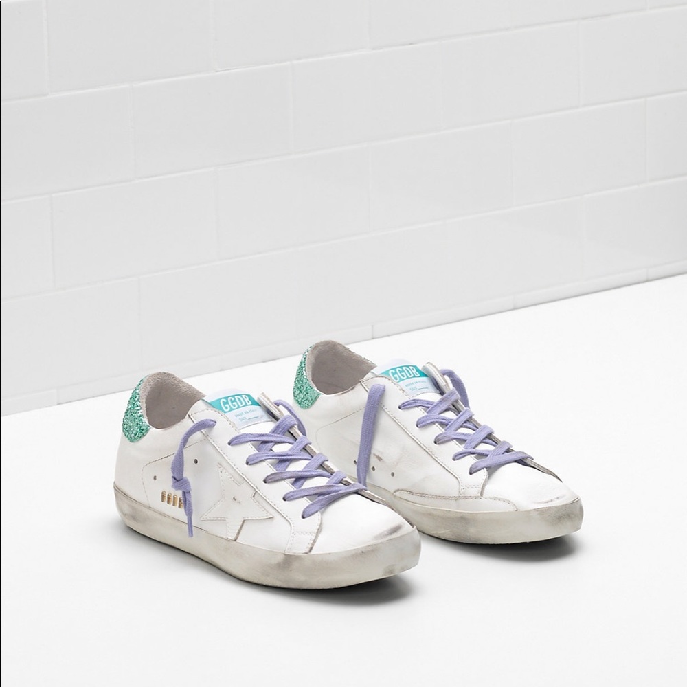 Golden Goose White Sneakers with Purple Laces and Green Heel